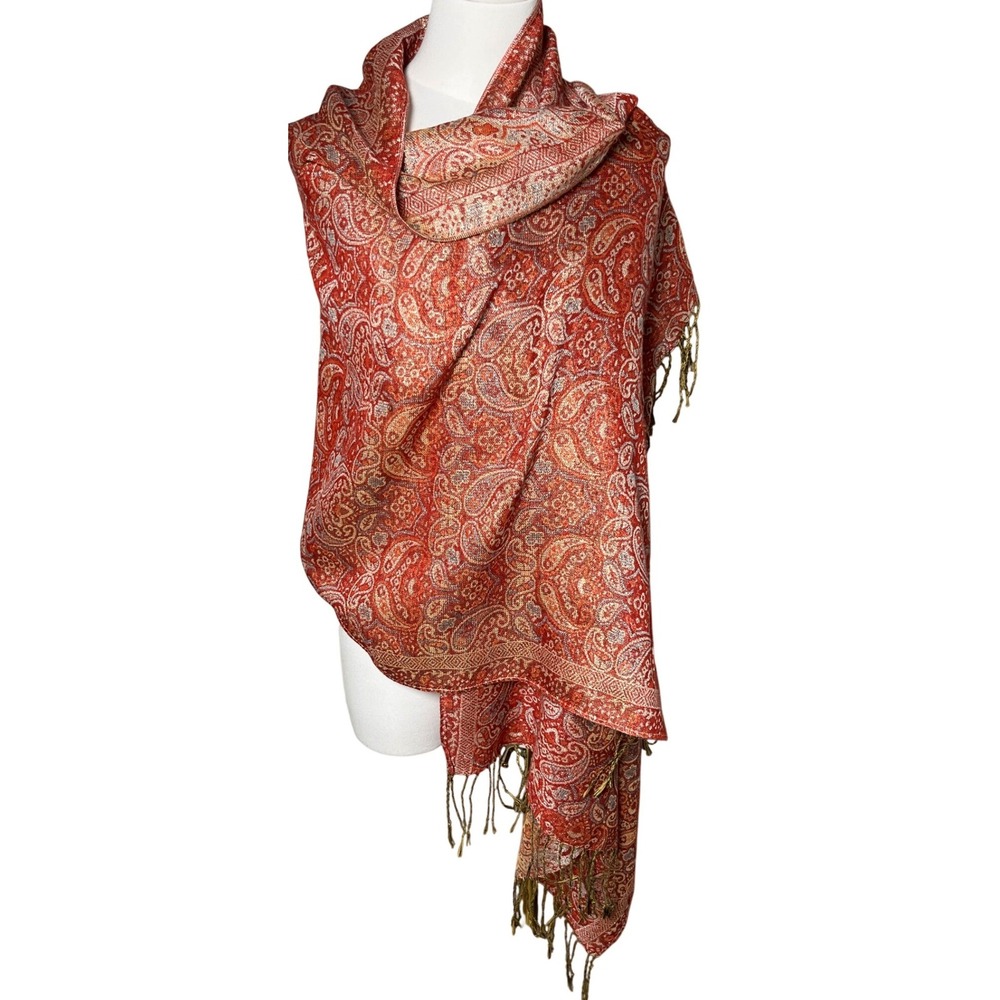 Boho‎ Paisley Rectangle Shawl Wrap Red Gold Fringe Woven 100% Rayon 78x26